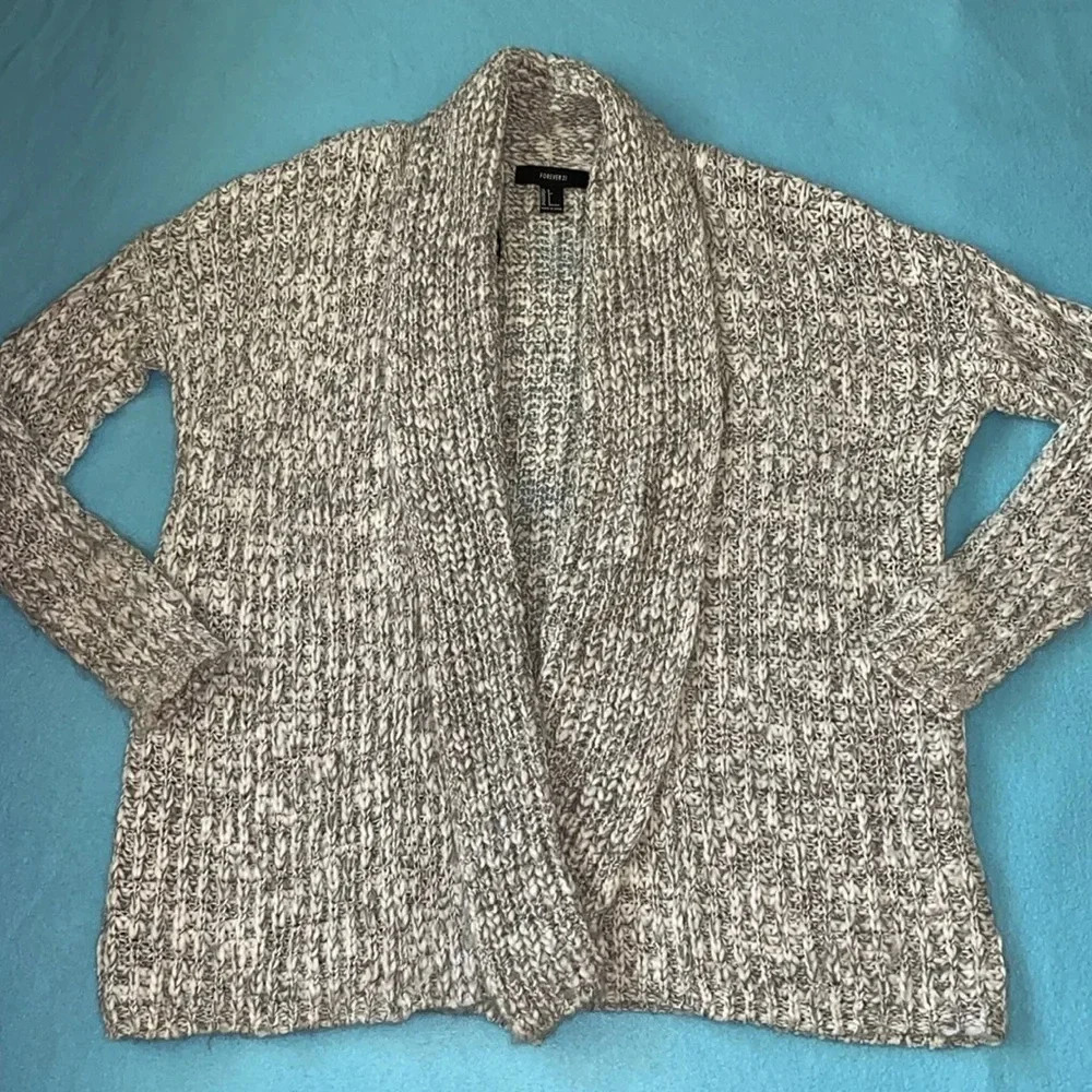 FOREVER 21 chunky knit long sleeve wide collar wrap sweater gray white size S
